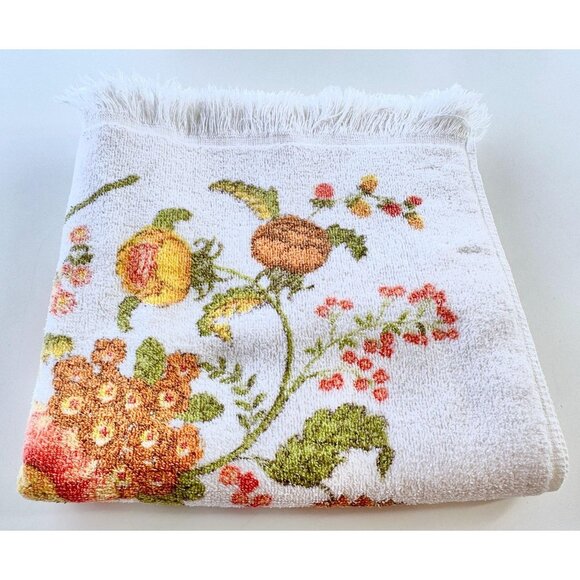 Vintage 70s bath towel, orange, pink, green flowers, fringed, velours terrycloth - Picture 7 of 8